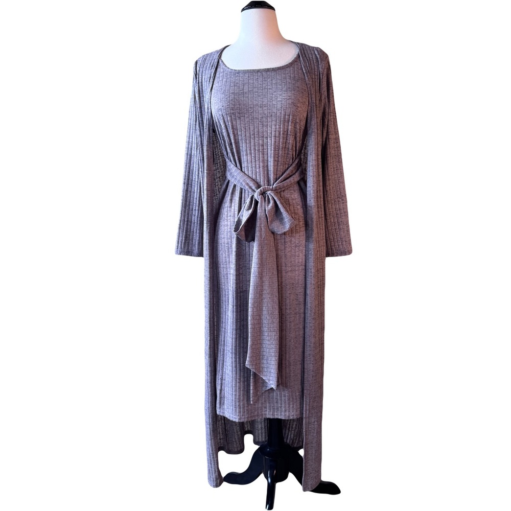 Gray 2 Piece Knit Ribbed Dress with Long Sleeves and Scoop Neck